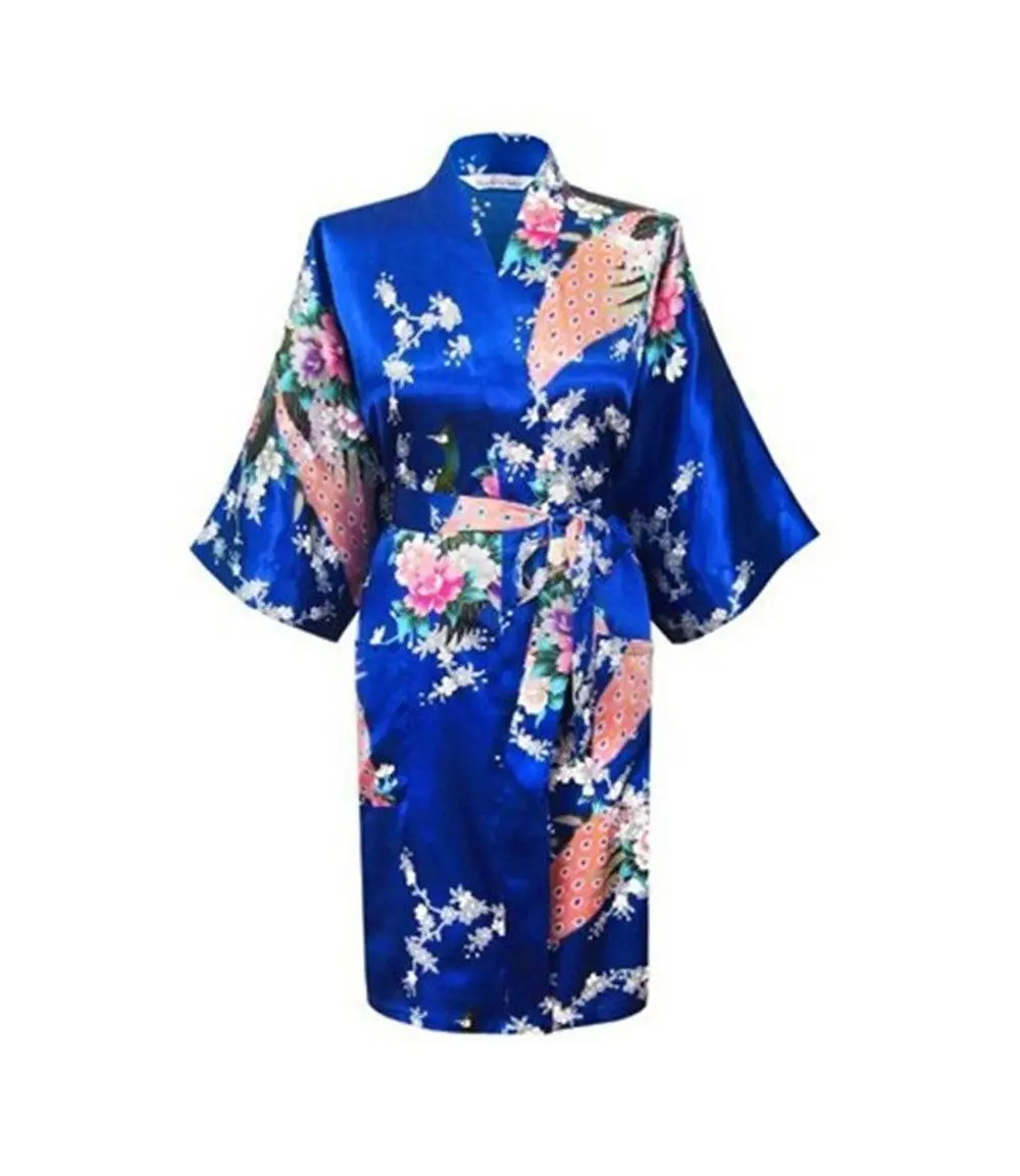 Шелковый халат женский атласное кимоно; наряд для женщин халаты с цветочным принтом подружек невесты длинное кимоно халат невесты шелковый халат - Цвет: Blue