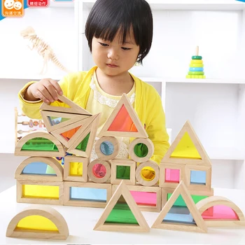 

Kids Montessori Wooden Rainbow Building Blocks 24PCS Toys Children 6 Shape 4 Translucent Colours Brinquedo Oyuncak Brinquedos
