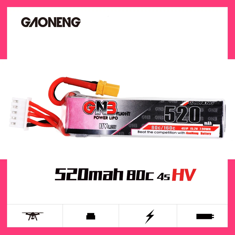 

Gaoneng GNB 520mAh 4S 15.2V 80C/160C HV Lipo battery with XT30 Plug for Betafpv Beta85X Whoop FPV Drone RC Quadcopter parts