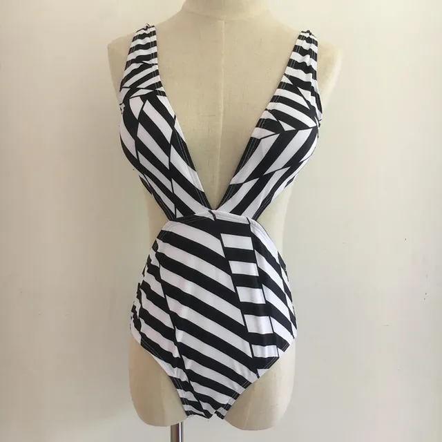 KEKAKA 2017 Summer Style Sexy White Striped One Piece Swimsuit Women