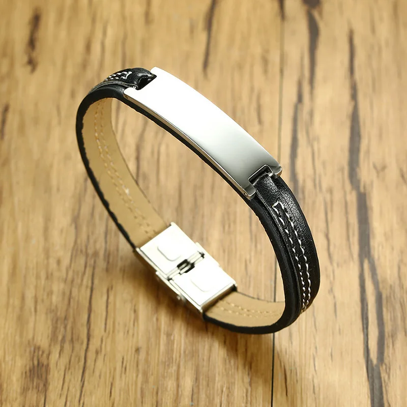 Leather Identity Stainless Steel ID Tag Bracelet for Boys Men in Black
