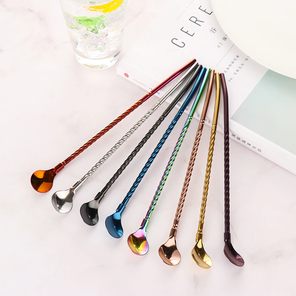 

NEW 1PCS Long Twisted Straw Spoon Cocktail Coffee Stirring Spoon Portable Gold Tea Scoop Reusable Colored Stainless Steel Straws