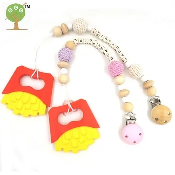 set of personalized baby name pacifier clip,silicone potato chips BPA FREE food grade wood beads dummy chain, shower gift NT182