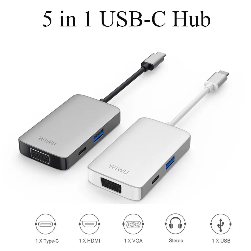 WIWU 5 в 1 usb-хаб с несколькими портами VGA HDMI адаптер для MacBook Pro type C концентратор 3,5 мм аудио usb-разветвитель для samsung huawei usb-хаб