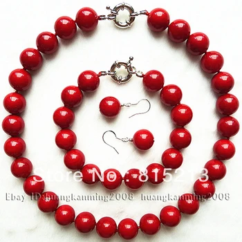 

ddh0579 Charming!10mm Red Sea Shell Pearl Necklace Bracelet Earring 1Set