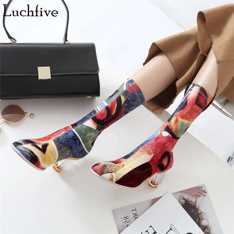 

Spring Autumn Coloured drawing Over the Knee Boots Women clear transparent heel ankle boots for women 2018 Elastic Shoes female