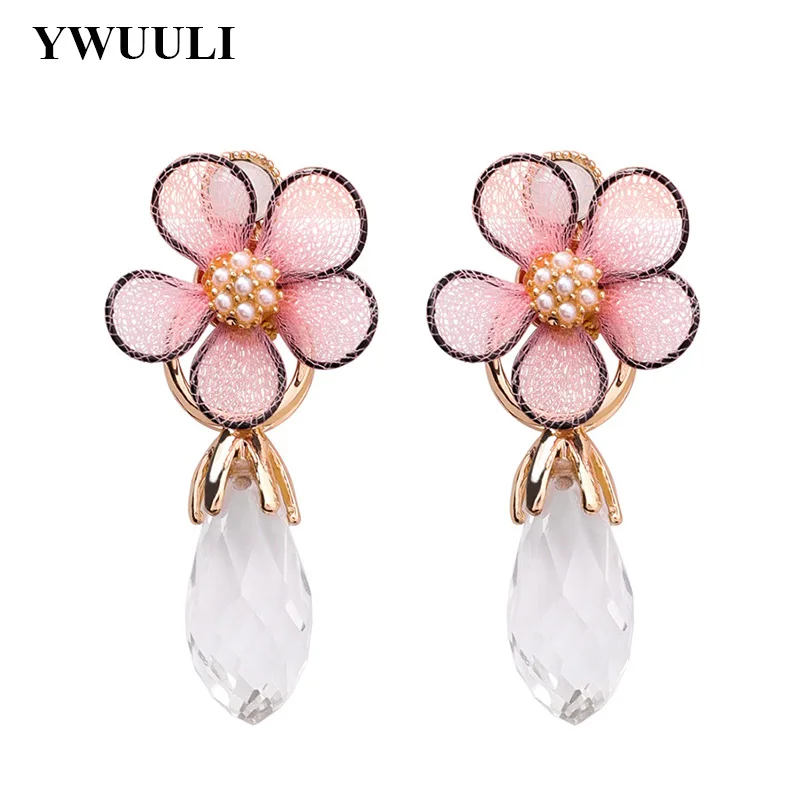 Elegant Korean Crystal Lace Flower Dangle Earrings for Women Rhinestone