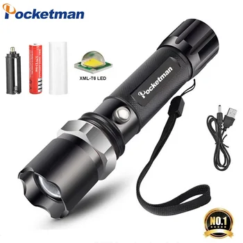 

LED Flashlight Ultra Bright XML T6 Tactical Flash Light 5Modes Lanterna 5000LM Zoomable Waterproof 18650 Rechargeable Light