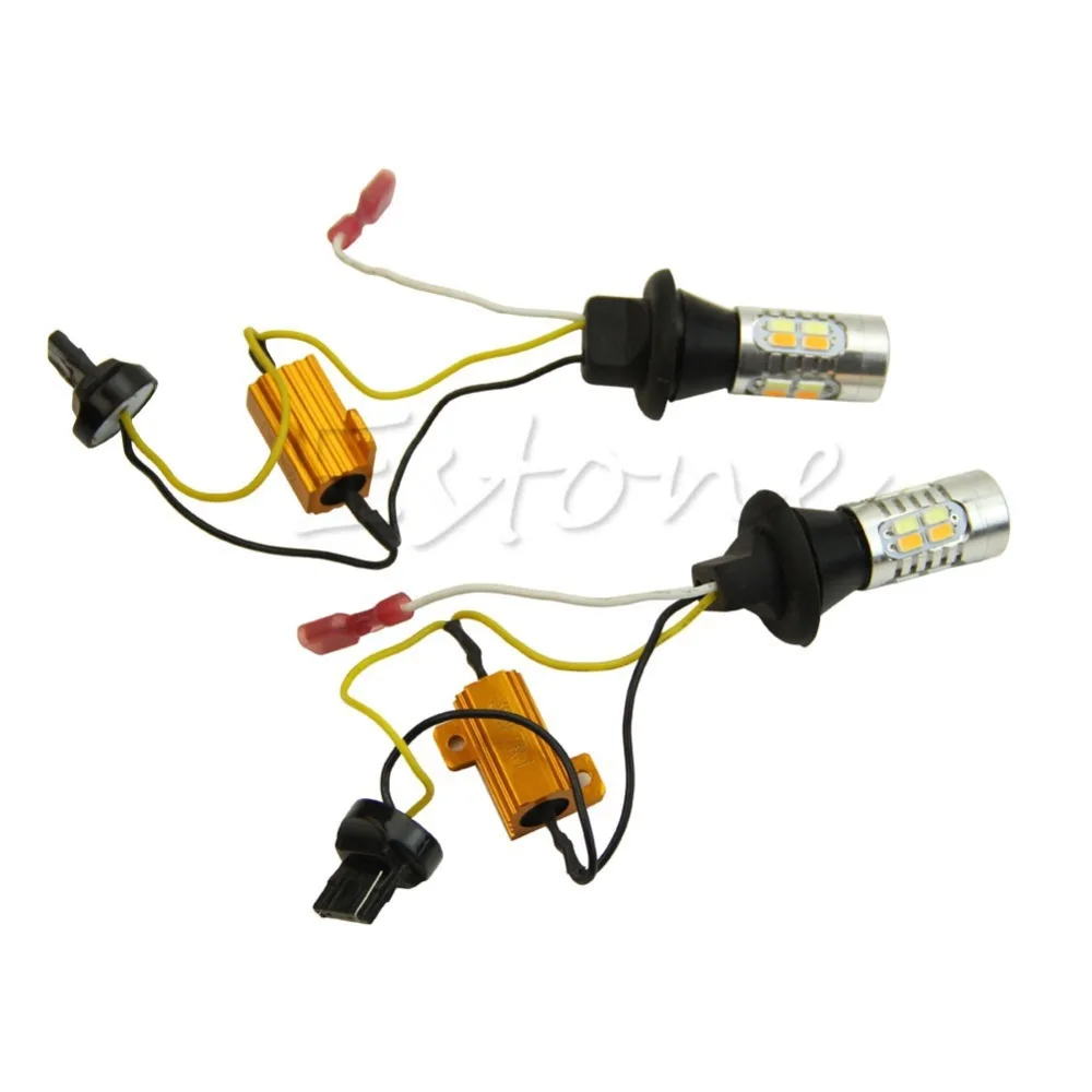 1Pair 7440 T20 5730 Dual Color Switchback LED DRL Turn Signal Light Kitin Car Headlight Bulbs
