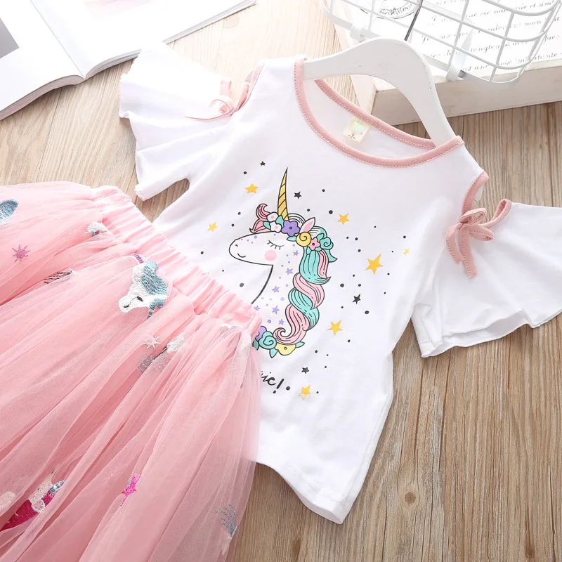 Summer Children's Clothing Sets Girls Embroidered Cartoon Unicorn T-shirt And Rainbow Skirt Suit Kids Short Sleeve Clothes Sets (3)