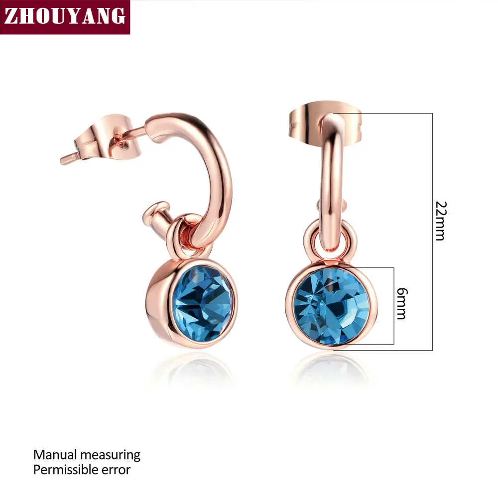 ZHOUYANG Simple Style Blue Cystal Rose Gold Color Drop Earrings For Women Wedding Party Gift Wholesale ZYE072 Top Quality