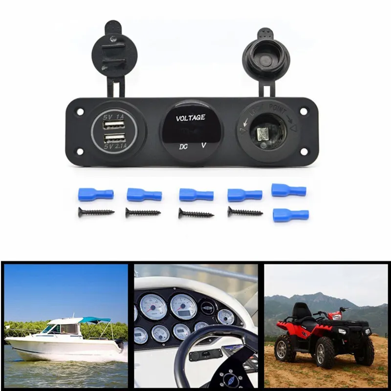 Triple Function Dual USB Charger + LED Digital Voltmeter + 12V Outlet Power Socket Panel For Car Boat Marine Digital Devices (1)