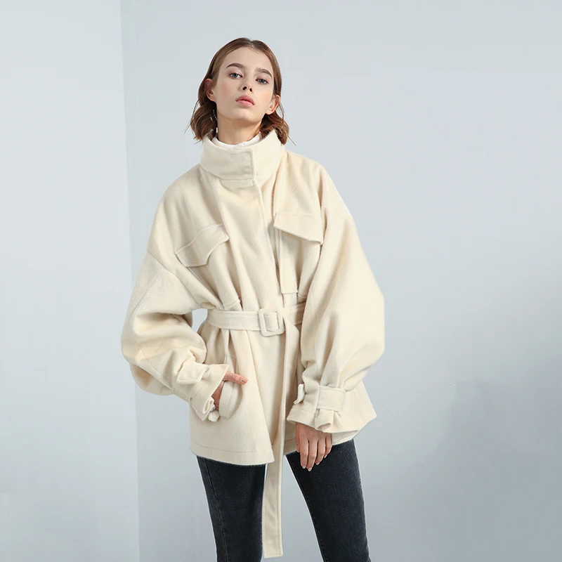 [EAM] Новинка, зимнее шерстяное пальто со стоячим воротником и длинным рукавом-фонариком, свободные бандажные карманы, модные женские парки JY102