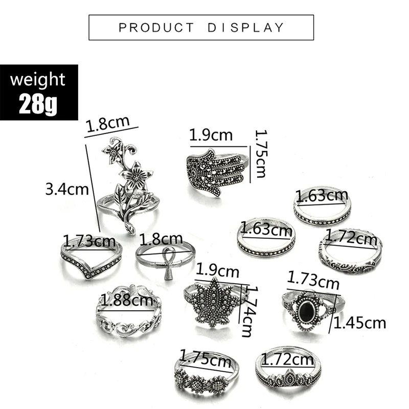 HuaTang Vintage Antique Silver Ring Geometric Hand Flower Carved Rhinestone Rings Knuckle Anillos Anel Rings Jewelry 6394