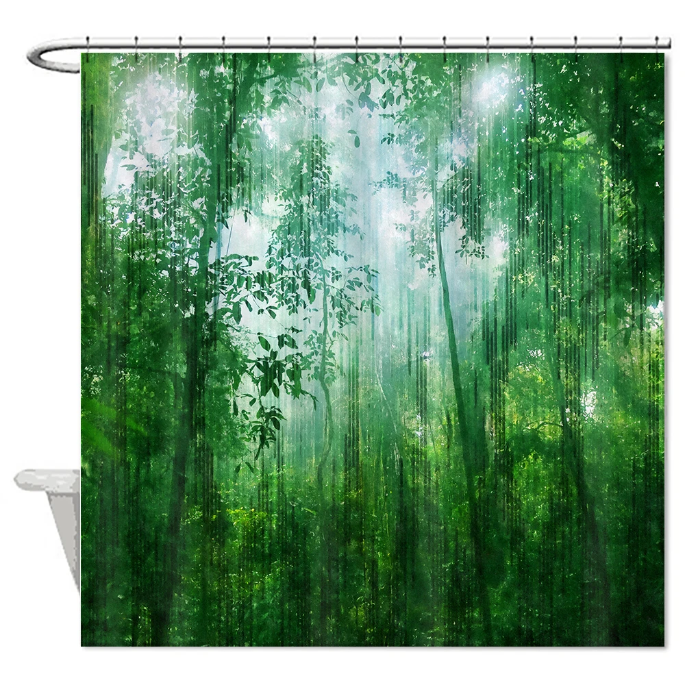 Nature Scenic Green Forest Shower Curtain Polyester Cotton Bathroom