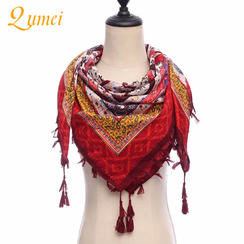 

Qumei Shawl Winter Fashion Women Retro Twill Print Scarf Comfortable Cotton Fringed Shawl Printed fringed garment accessories