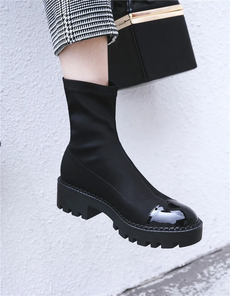 Black Automne Cuir Bottines Mode Zjvi Femmes Daim Fabric Chaussures En Stretch Plate forme 2019 Tissu Noires Verni suede Dames Bottes Femme wYRg0