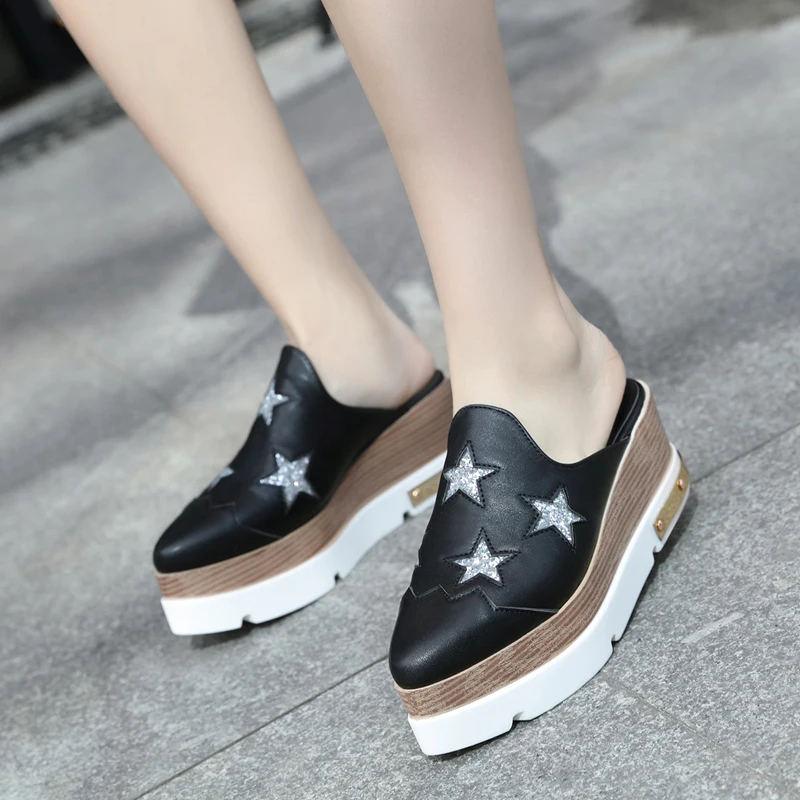 

Woman Wedges Slipper Platform Mules pointed toe Shoes glitter star bling heels Slides slip on loafers 2019 Sandalias mujer black