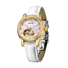 Hot Sale Top Brand White Red Leather Fashion Ladies Watch Gold Luxury Diamond Clock Waterproof Skeleton Automatic Women Watches