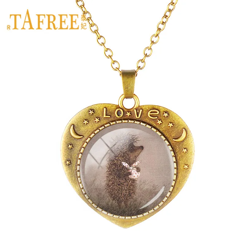 

TAFREE 2018 Hedgehog In The Fog Pendants Necklace Long Chian Statement Handmade Antique Bronze Heart Shape Charms Necklace H230