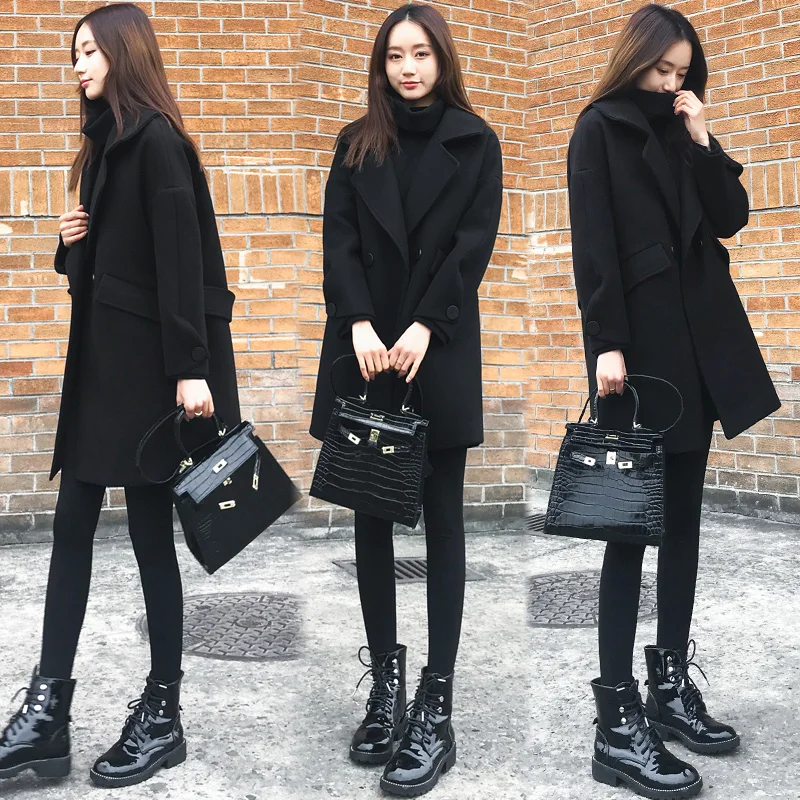 Black Wool Coat Women Winter Blends Women Winter Coat Women Wool Short Button Plaid Long Wool Blends Coat Women Winter Clothing