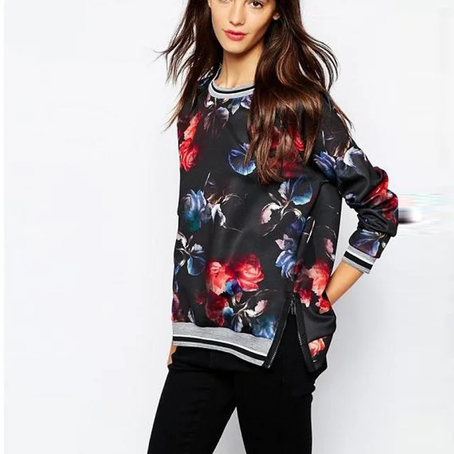 

Nice Autumn Women Sweatshirts Flower Printing Pullover Vintage Retro Pop Tracksuits Wild Casual Zipper Tops Nice Fashion AD152