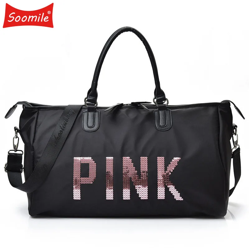 

Soomile 2018 Ladies Black Travel Bag Women Handbag Pink Sequins Shoulder Bag Ladies Weekend Portable duffel Bag Waterproof VS