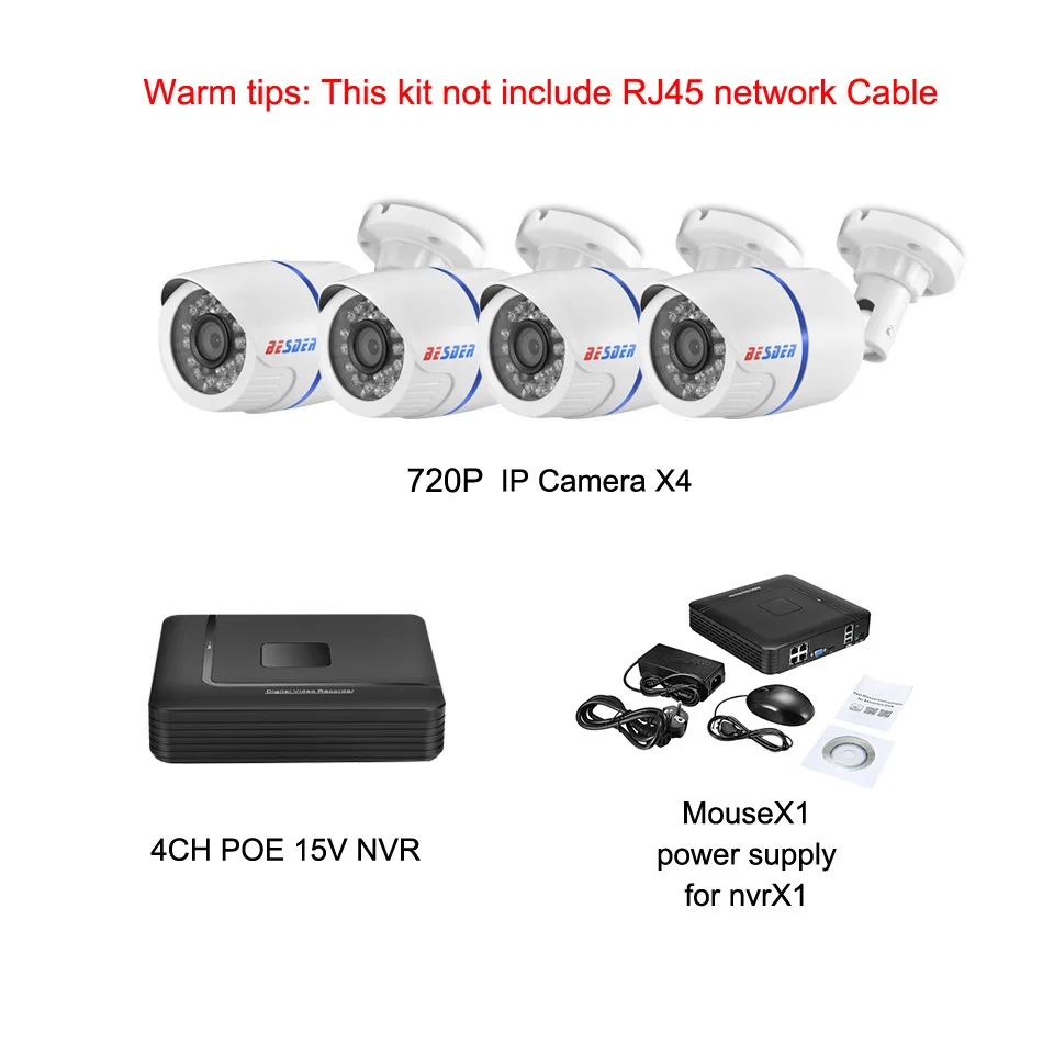 Besder 720P PoE Комплект видеонаблюдения 1.0MP Водонепроницаемый на открытом воздухе/Крытый PoE IP CCTV безопасности Системы 4CH POE 15V сетевому видеорегистраторУ 2/4 шт. IP Камера PoE P2P RTSP - Цвет: Серый