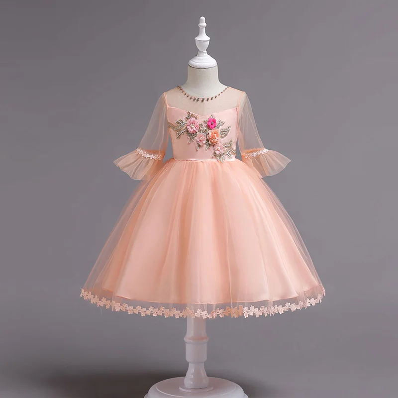 

Kids Girl Embroidery Tulle 3/4 Sleeves Rhinestones Appliques Princess Dress For Girl Children Fashion Christmas Clothing