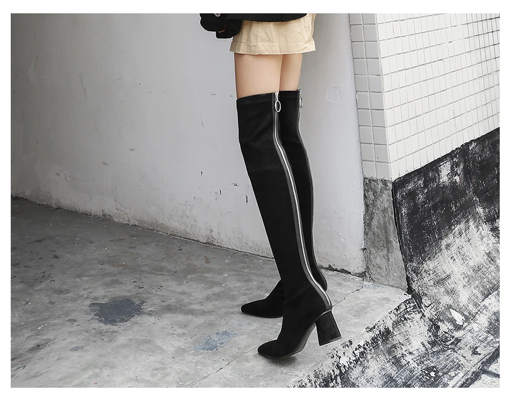 JSI Women Sexy Over The Knee High Boots Pointed Toe High Heel Flock Shoes New Fashion Square Heel Slip-On Women Boots JO272