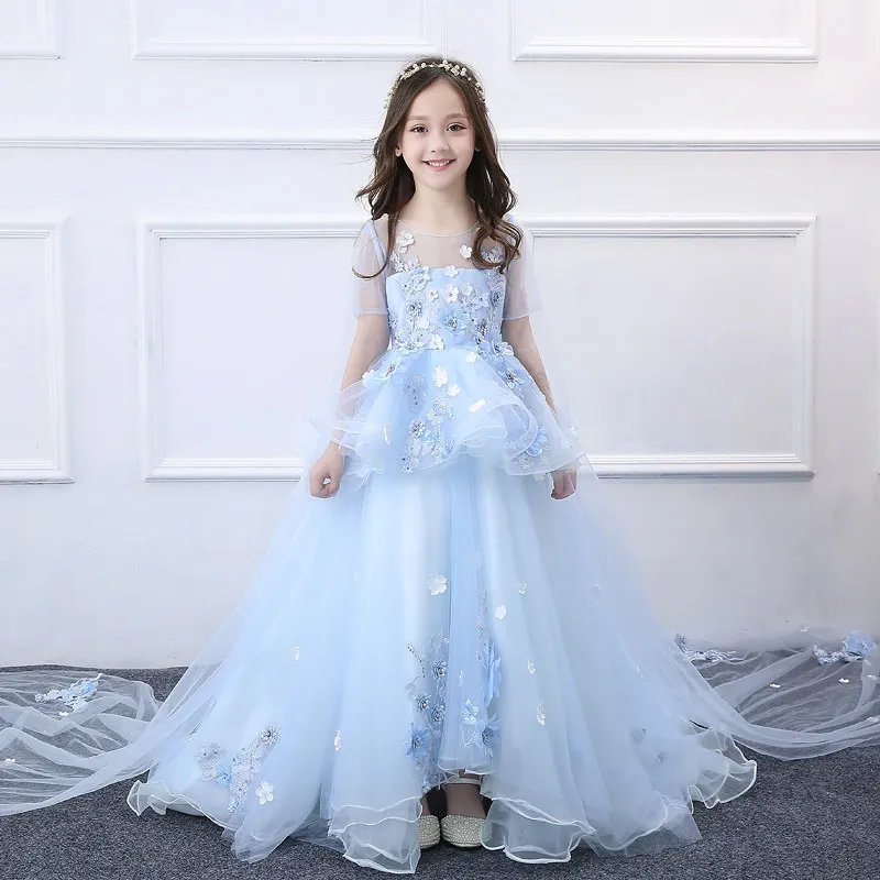 

Luxury Ball Gown Princess Dress Floor Length Flower Girls Dresses Wedding Long Tailling Kids Pageant Crystal Dress Party D119