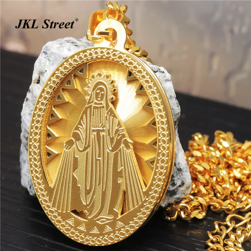 Stainless Steel Golden Virgin Mary Charm Miraculous Oval Medal Pendant