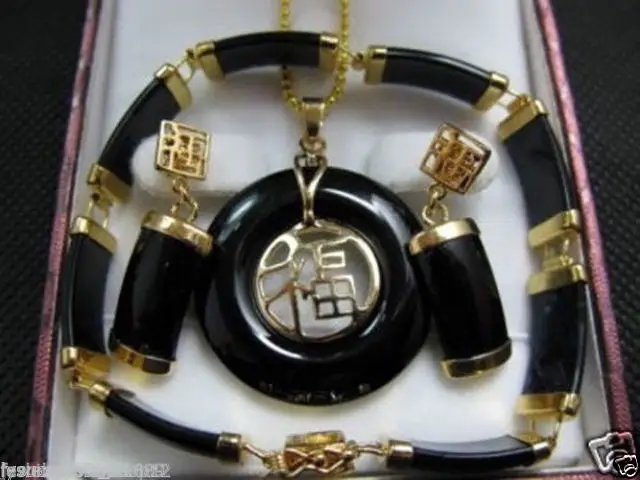 

Hot sell Noble- FREE SHIPPING>>@> FREE SHIPPINGJewelry Black jade pendant necklace bracelet earrings set Natural jewelry