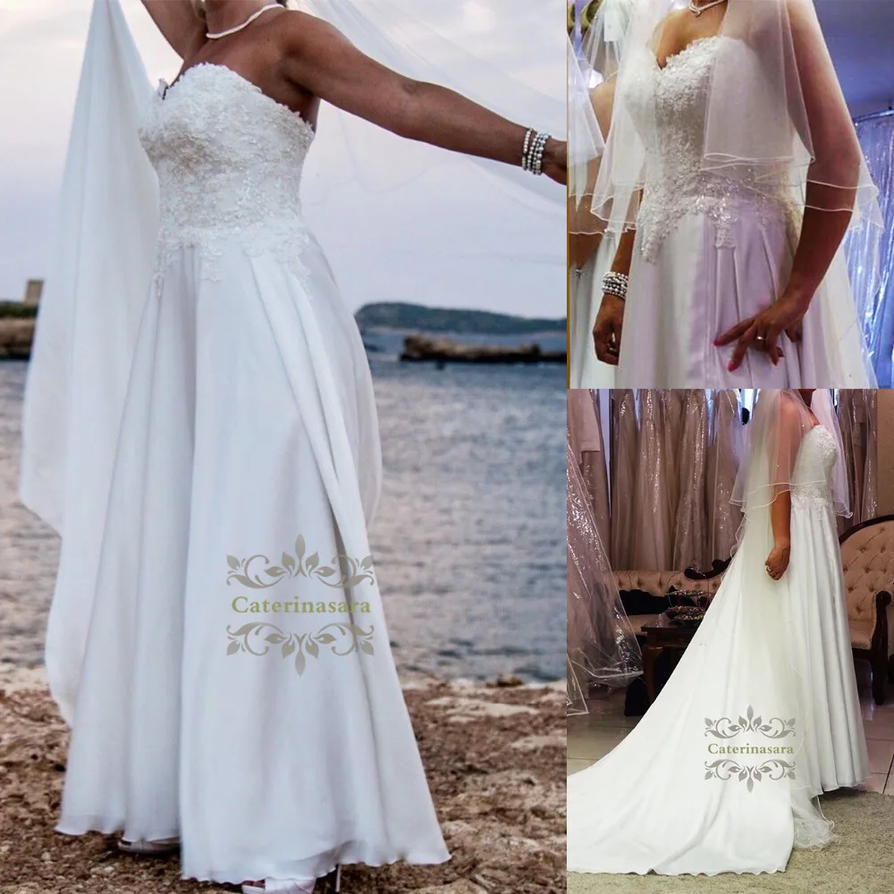 

A Line Strapless Floor Length Wedding Dresses Beaded Made-To-Measure with Beading / Appliques Bride Gowns Plus Size