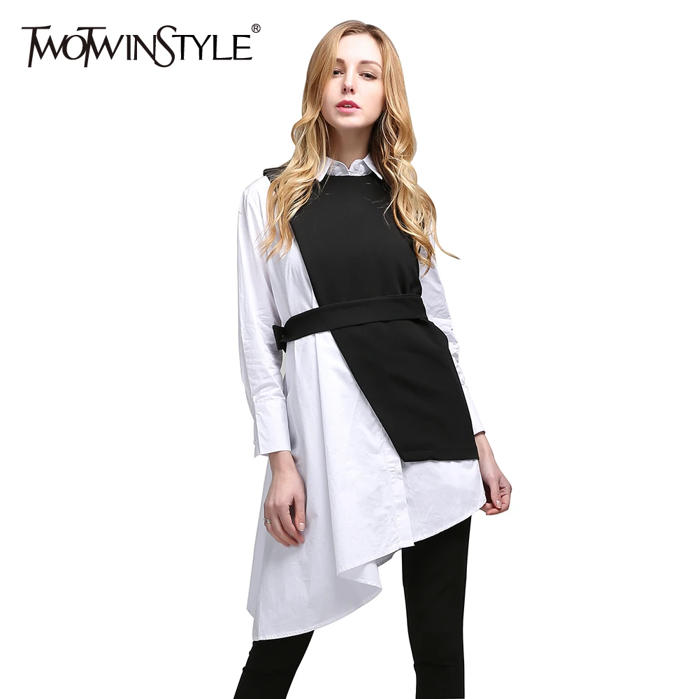 2019 V-Collar Long Sleeve Black Loose Bandage Fold Split Joint Shirt Women Blouse Fashion Tops