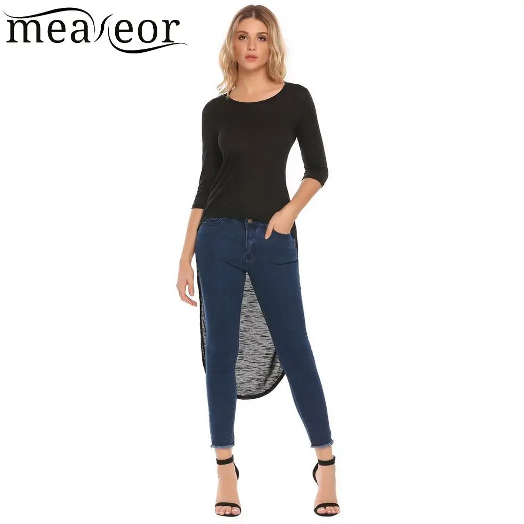 meaneor Tops Casual O-Neck 3/4 Sleeve Solid Long Asymmetrical Hem Sexy T-shirt Women meaneor Tops Casual O-Neck 3/4 Sleeve Solid Long Asymmetrical Hem Sexy T-shirt Women
