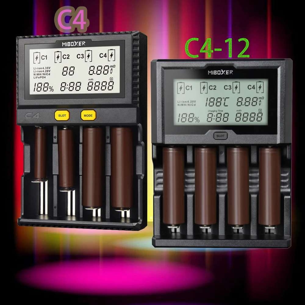 

Miboxer C4 /C4-12 LCD Screen 3.0A for Li-ion/IMR/INR/ICR/Ni-MH/Ni-Cd rechargeable batteries VS (VC2 D2 VC4 I4 D4 )