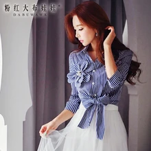 female shirt new fashion 2016 stripes with stereo butterfly knot three quarter sleeve autumn shirts woman wholesale