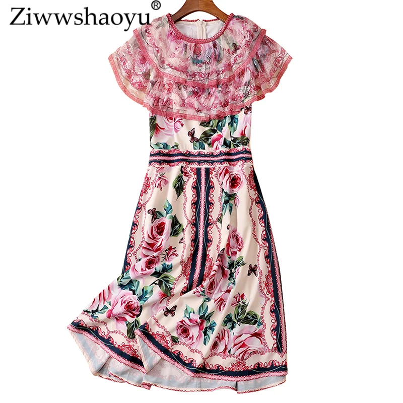 

Ziwwshaoyu Summer Lace Patchwork dresses O-Neck Print Ruffles temperament High waist dress New women's