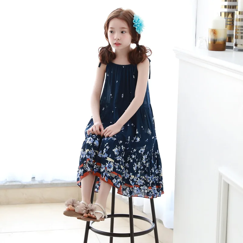 

2017 summer new Korean children's clothing floral girls Bohemian long beach dark blue dress for girls kids
