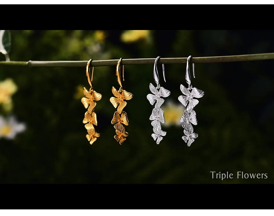 Женские серьги-подвески с цветками Lotus Fun, изящные серьги из серебра 925 пробы в виде трех цветков, ювелирные изделия ручного изготовления