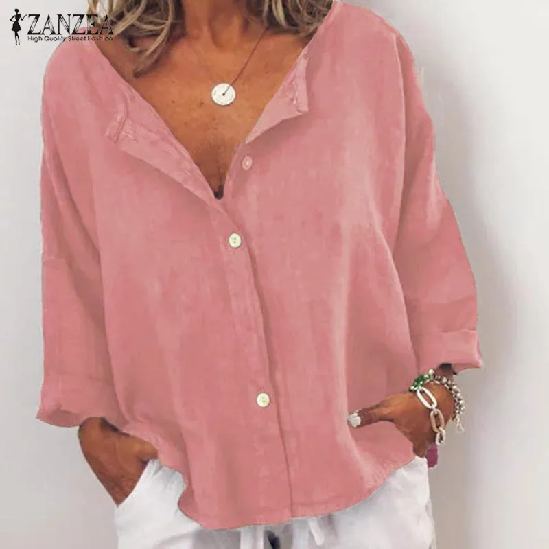 

Casual Long Sleeve Shirt Women's Linen Blouse ZANZEA 2019 Vintage Button Down Blusas Female V Neck Tee Plus Size Tunic Chemise