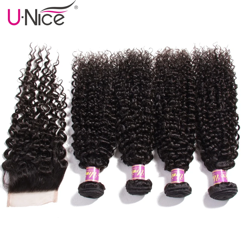Unice Hair 4 Bundles With Closure Natural Color Curly Weave Human Hair