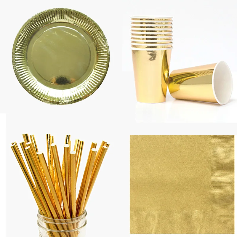 

Disposable Tableware sets Foil Paper Plates cups straws Napkins Hot stamping Wedding Birthday party dinnerware Golden/Silver