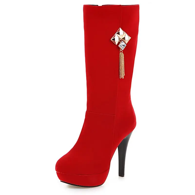 

2016 New Fashion Big size 34-43 New Autumn Winter boots Fashion boots Mid Calf boots Thin High Heels 12 CM Pleated Cute XD632
