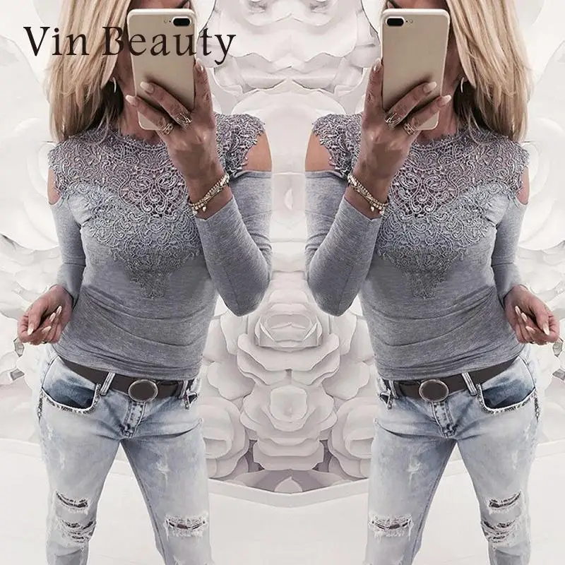 Кружевные топы Для женщин с длинным рукавом Женские Модные дамы Slim Fit без
