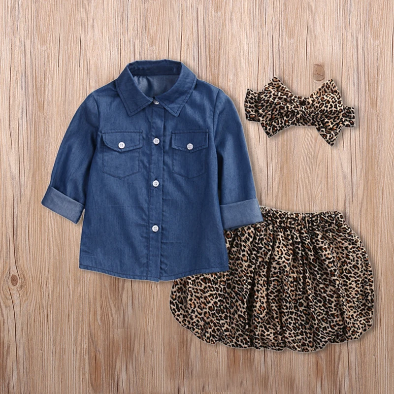 Комплект одежды из 3 предметов для маленьких девочек Джинсовая рубашка леопардовые шорты с длинными рукавами повязка на голову, комплект повседневной одежды, От 1 до 5 лет