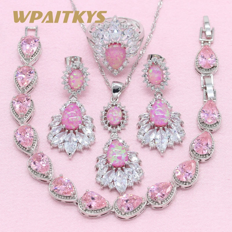 Exquisite Pink Create Opal 925 Silver Jewelry Sets For Women Wedding Necklace Earrings Ring