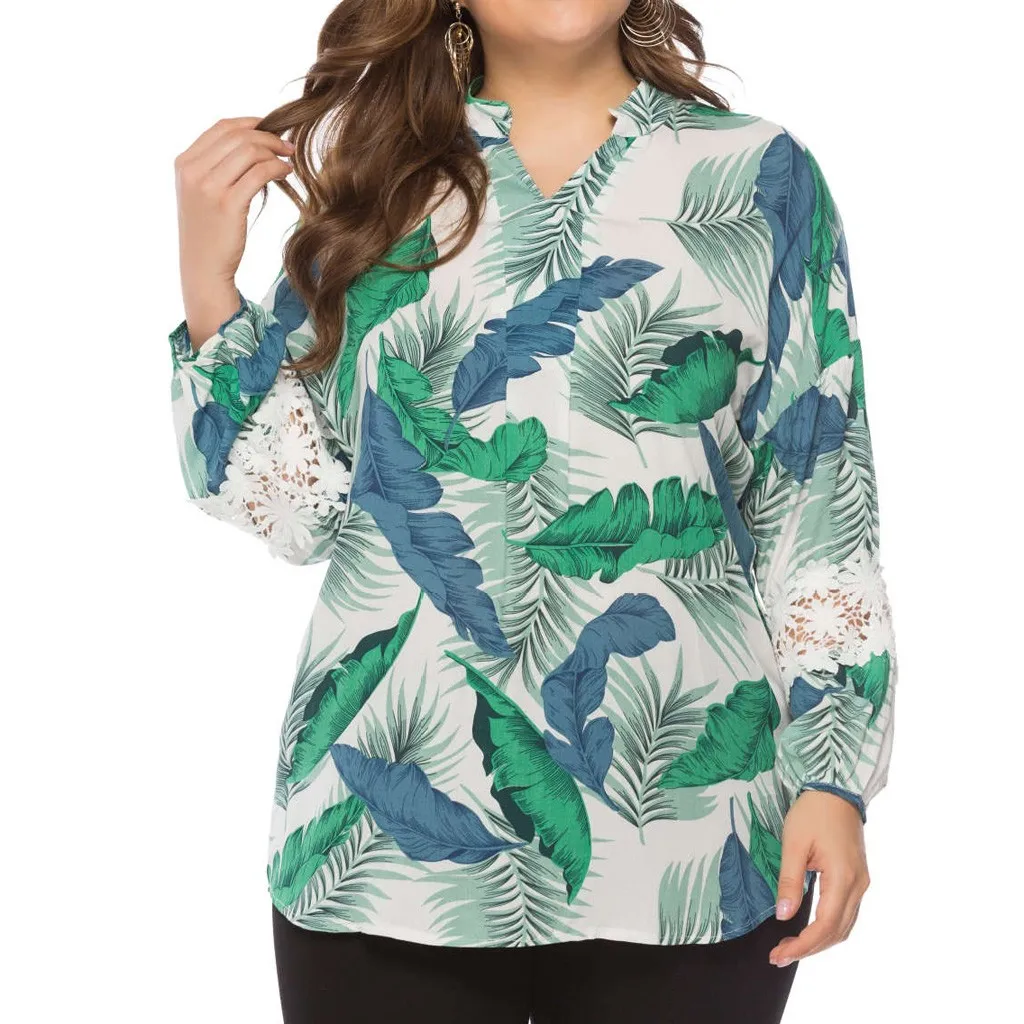 

Leaf Printed Boho Blouse Women Casual V-Neck Long Sleeve Plus Size Tops Loose Shirt Blouse Femme Blusa YJJ2