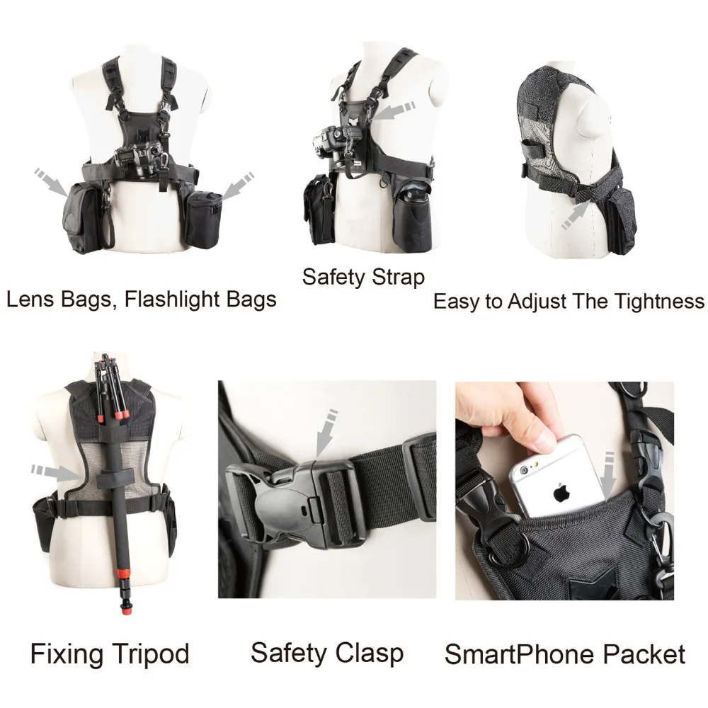  Micnova MQ-MSP07 Carrier III Triple Camera Carrier Photographer Vest with Triple Side Holster Strap